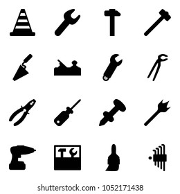 Solid vector icon set - road cone vector, wrench, hammer, sledgehammer, trowel, jointer, plumber, pliers, screwdriver, nail dowel, wood drill, tool box, brush, allen key set