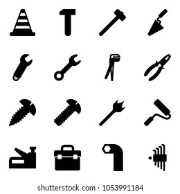 Solid vector icon set - road cone vector, work, sledgehammer, trowel, wrench, plumber, pliers, screw, wood drill, paint roller, stapler, tool box, allen key, set