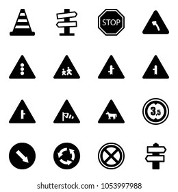 Solid vector icon set - road cone vector, signpost sign, stop, turn left, traffic light, children, intersection, side wind, cow, limited height, detour, circle, no