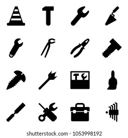 Solid vector icon set - road cone vector, work, wrench, trowel, plumber, pliers, bolt, screw, wood drill, tool box, brush, rasp, screwdriver, allen key set