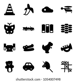 Solid vector icon set - road cone vector, banana, cloud, helicopter, butterfly, cabrio, battery, carbon, sharpening, crocodile, dinosaur toy, horn, bear, car, unicorn stick, Tic tac toe