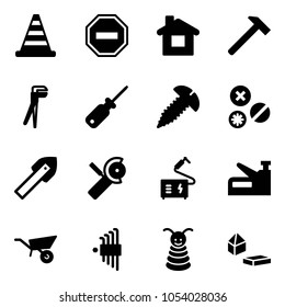 Solid vector icon set - road cone vector, no way sign, home, hammer, plumber, screwdriver, screw, rivet, tile drill, Angular grinder, welding, stapler, wheelbarrow, allen key set, pyramid toy