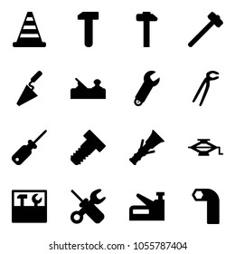 Solid vector icon set - road cone vector, work, hammer, sledgehammer, trowel, jointer, wrench, plumber, screwdriver, bolt, dowel, jack, tool box, stapler, allen key