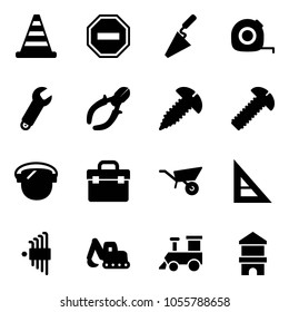 Solid vector icon set - road cone vector, no way sign, trowel, measuring tape, wrench, side cutters, screw, protect glass, tool box, wheelbarrow, corner ruler, allen key set, excavator toy, train