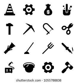 Solid vector icon set - road cone vector, heart gear, money bag, casting of steel, hammer, axe, fretsaw, scissors, dowel, hoe, farm fork, soldering iron, welding, protect glass, toy