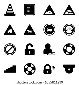Solid vector icon set - road cone vector, safe, steep descent sign, embankment, tractor way, cow, no car, limited distance, parking, unlocked, user password, lifebuoy, stairs, wireless lock