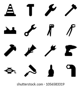 Solid vector icon set - road cone vector, work, wrench, sledgehammer, jointer, plumber, screw, dowel, wood drill, jack, paint roller, brush, allen key