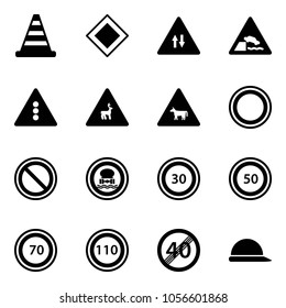 Solid vector icon set - road cone vector, main sign, oncoming traffic, embankment, light, wild animals, cow, prohibition, no dangerous cargo, speed limit 30, 50, 70, 110, end, construction helmet