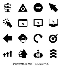 Solid vector icon set - road signpost vector sign, round motion, only right, cursor, browser, monitor, left arrow, refresh cloud, redo, target, arrows up, dollar growth, chevron
