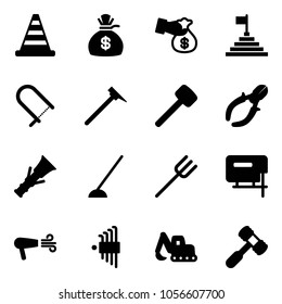 Solid vector icon set - road cone vector, money bag, encashment, pyramid flag, fretsaw, mason hammer, rubber, side cutters, dowel, hoe, farm fork, jig saw, dryer, allen key set, excavator toy