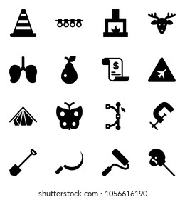 Solid vector icon set - road cone vector, garland, fireplace, christmas deer, lungs, pear, account history, airport sign, tent, butterfly, bezier, clamp, shovel, sickle, paint roller