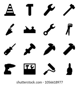 Solid vector icon set - road cone vector, work, wrench, sledgehammer, trowel, jointer, plumber, screwdriver, nail dowel, screw, drill, tool box, paint roller, brush