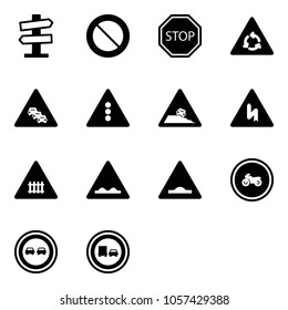 Solid vector icon set - road signpost vector sign, prohibition, stop, round motion, multi lane traffic, light, steep roadside, railway intersection, rough, artificial unevenness, no moto, overtake