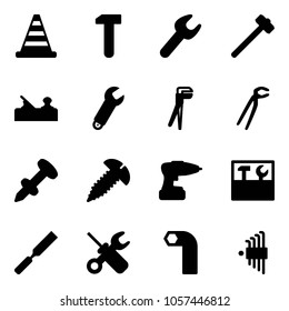 Solid vector icon set - road cone vector, work, wrench, sledgehammer, jointer, plumber, nail dowel, screw, drill, tool box, rasp, screwdriver, allen key, set