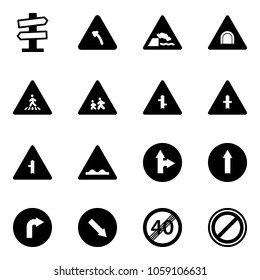 Solid vector icon set - road signpost vector sign, turn left, embankment, tunnel, pedestrian, children, intersection, rough, only forward right, detour, end speed limit, no parking