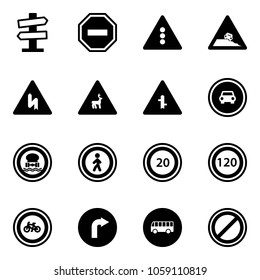 Solid vector icon set - road signpost vector sign, no way, traffic light, steep roadside, wild animals, intersection, car, dangerous cargo, pedestrian, speed limit 20, 120, bike, only right, bus