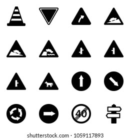 Solid vector icon set - road cone vector, giving way sign, turn right, climb, steep descent, embankment, intersection, cow, only forward, detour, circle, end speed limit, signpost