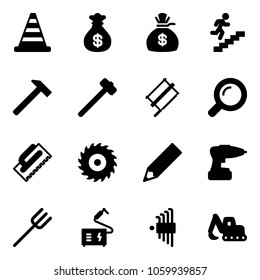 Solid vector icon set - road cone vector, money bag, career, hammer, sledgehammer, bucksaw, magnifier, trowel, saw disk, pencil, drill, farm fork, welding, allen key set, excavator toy