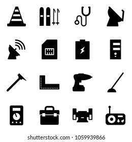 Solid vector icon set - road cone vector, ski, stethoscope, satellite antenna, sim, battery, server, mason hammer, corner ruler, drill, hoe, multimeter, tool box, sharpening, radio