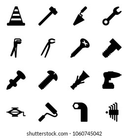 Solid vector icon set - road cone vector, sledgehammer, trowel, wrench, plumber, screw, bolt, nail dowel, drill, jack, paint roller, allen key, set