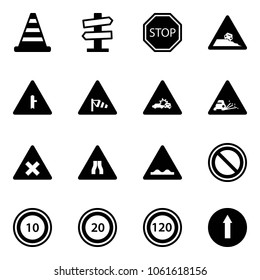 Solid vector icon set - road cone vector, signpost sign, stop, steep roadside, intersection, side wind, car crash, gravel, railway, narrows, rough, prohibition, speed limit 10, 20, 120, only forward