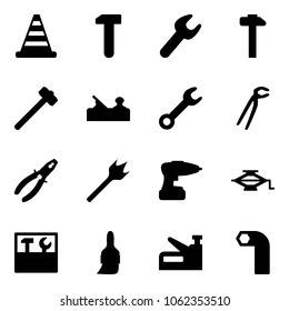 Solid vector icon set - road cone vector, work, wrench, hammer, sledgehammer, jointer, plumber, pliers, wood drill, jack, tool box, brush, stapler, allen key