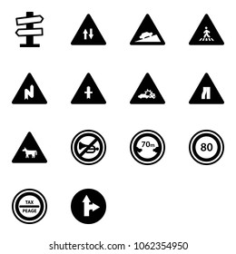 Solid vector icon set - road signpost vector sign, oncoming traffic, climb, pedestrian, abrupt turn right, intersection, car crash, narrows, cow, no horn, limited distance, speed limit 80, tax peage