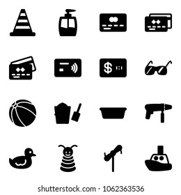 Solid vector icon set - road cone vector, liquid soap, credit card, tap pay, sunglasses, ball, bucket scoop, basin, drill machine, duck toy, pyramid, windmill, boat