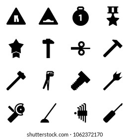 Solid vector icon set - Road narrows vector sign, artificial unevenness, gold medal, star, hammer, steel rolling, sledgehammer, plumber, bolt, wood drill, Angular grinder, hoe, allen key set, awl