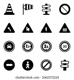 Solid vector icon set - road cone vector, side wind, signpost sign, prohibition, turn left, intersection, railway, no car, limited width, height, speed limit 30, only right, pedestrian way, parking
