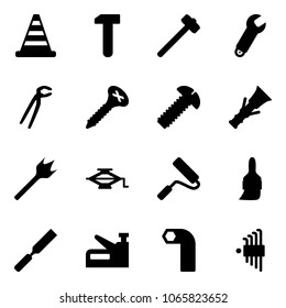 Solid vector icon set - road cone vector, work, sledgehammer, wrench, plumber, screw, dowel, wood drill, jack, paint roller, brush, rasp, stapler, allen key, set