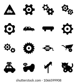 Solid vector icon set - road for moto vector sign, gear, gears, limousine, skateboard, saw disk, jack, wheelbarrow, car toy, baby, windmill, cat