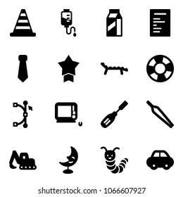 Solid vector icon set - road cone vector, drop counter, milk, document, tie, star medal, lounger, lifebuoy, bezier, monoblock pc, chisel, forceps, excavator toy, moon lamp, caterpillar, car