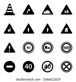 Solid vector icon set - road cone vector, turn right sign, steep descent, children, wild animals, intersection, narrows, attention, speed limit 40, no truck overtake, customs, only, minimal, end