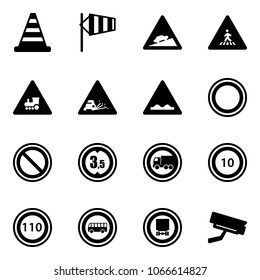 Solid vector icon set - road cone vector, side wind, climb sign, pedestrian, railway intersection, gravel, rough, prohibition, limited height, no truck, speed limit 10, 110, bus, dangerous cargo
