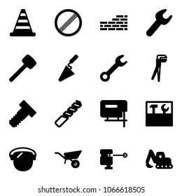 Solid vector icon set - road cone vector, no limit sign, brick wall, wrench, rubber hammer, trowel, plumber, bolt, drill, jig saw, tool box, protect glass, wheelbarrow, laser lever, excavator toy