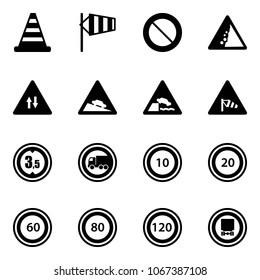 Solid vector icon set - road cone vector, side wind, prohibition sign, landslide, oncoming traffic, steep descent, embankment, limited height, no truck, speed limit 10, 20, 60, 80, 120