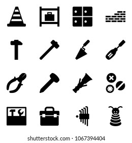 Solid vector icon set - road cone vector, baggage room, brick wall, hammer, sledgehammer, trowel, chisel, side cutters, nail, dowel, rivet, tool box, allen key set, pyramid toy