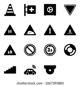 Solid vector icon set - road cone vector, first aid room, safe, giving way sign, oncoming traffic, climb, light, pedestrian, children, prohibition, limited height, lifebuoy, stairs, car wireless