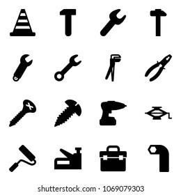 Solid vector icon set - road cone vector, work, wrench, hammer, plumber, pliers, screw, drill, jack, paint roller, stapler, tool box, allen key