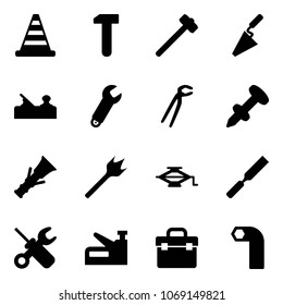 Solid vector icon set - road cone vector, work, sledgehammer, trowel, jointer, wrench, plumber, nail dowel, wood drill, jack, rasp, screwdriver, stapler, tool box, allen key