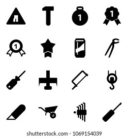 Solid vector icon set - Road narrows vector sign, work, gold medal, star, drink, plumber, screwdriver, milling cutter, metal hacksaw, winch, knife, wheelbarrow, allen key set, awl