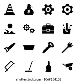 Solid vector icon set - road cone vector, money bag, gear, reading, case, casting of steel, saw, basin, screw, wood drill, metal hacksaw, rake, brush, wheelbarrow