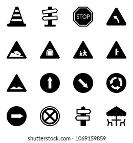 Solid vector icon set - road cone vector, signpost sign, stop, turn left, steep descent, tunnel, children, intersection, rough, only forward, detour, circle, right, no, outdoor cafe