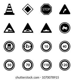 Solid vector icon set - road cone vector, main sign, stop, turn right, embankment, drawbridge, artificial unevenness, no moto, dangerous cargo, limited width, speed limit 10, 40, 50, 70, 110, 120