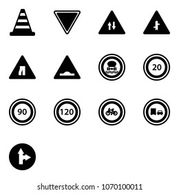 Solid vector icon set - road cone vector, giving way sign, oncoming traffic, intersection, narrows, artificial unevenness, no dangerous cargo, speed limit 20, 90, 120, bike, truck overtake