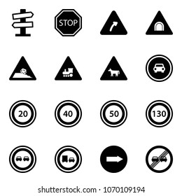 Solid vector icon set - road signpost vector sign, stop, turn right, tunnel, steep roadside, railway intersection, cow, no car, speed limit 20, 40, 50, 130, overtake, truck, only, end