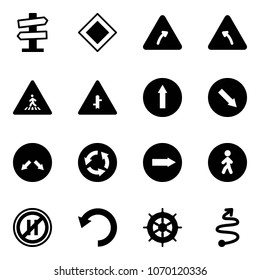 Solid vector icon set - road signpost vector sign, main, turn right, left, pedestrian, intersection, only forward, detour, circle, way, no parking even, undo, hand wheel, trip
