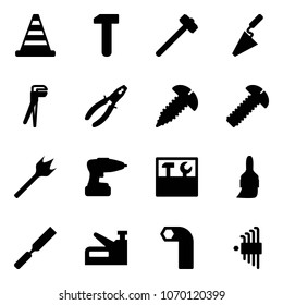 Solid vector icon set - road cone vector, work, sledgehammer, trowel, plumber, pliers, screw, wood drill, tool box, brush, rasp, stapler, allen key, set