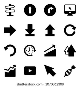 Solid vector icon set - road signpost vector sign, only forward, right, monitor cursor, arrow, download, uplooad, reload, undo, clock around, growth, up, playback, dart